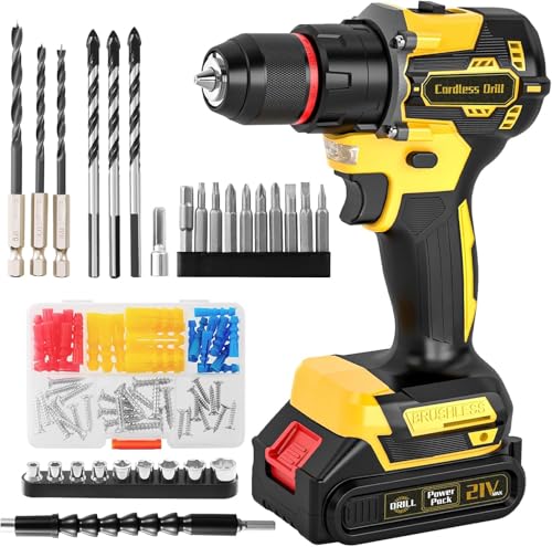 Perceuse Visseuse Sans Fil Brushless 21V KELNOW, Perceuse Percussion 60 Nm, Batterie 2,0 Ah, Mandrin Métal 10 mm, 2 Vitesses 25+3 Couples, Visseuse Dévisseuse avec 87 Accessoires Bricolage (Jaune)