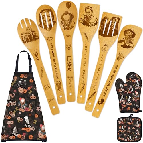 Horror Merch,9Pcs Bamboo Cooking Utensils Set,Spoons with Apron Oven Mitts Pot Holder,Halloween Horror Gifts for Men Women,Horror Decor,Horror Collectibles,Spooky Kitchen Accessories