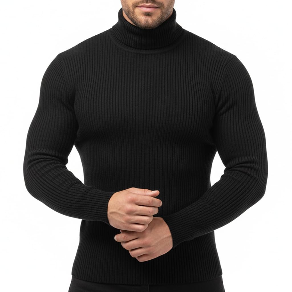 gustave Men's Casual Slim Fit Basic Tops Turtleneck Sweater Slim Fit Turtle Neck Sweaters for Men Long Sleeve Pullover Thermal Sweater, M Black-picture-33