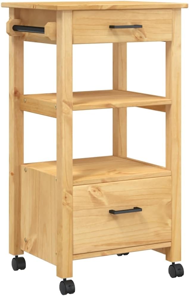 Kitchen Trolley Monza Solid Pine Wood 18.9"x15.7"x34.8" Rolling Kitchen Cart with Wheels Storage Drawers and Hooks Durable Kitchen Utility Cart for Food and Dining Use