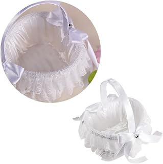 BESPORTBLE White Lace Wedding Flower Girl Basket for Weddings Rose Petals Holder with Bowknot Ribbon for Ceremony Party and Matrimony Processions Elegant Handheld Basket for Flower