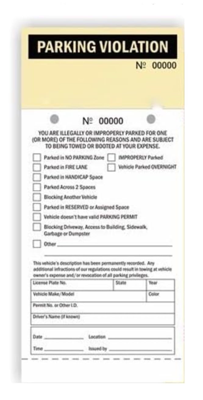Parking Violation - 2 Part Carbonless Manila Tag with Perforation Stub, ­ 4.25" x 9.25", 50/Book