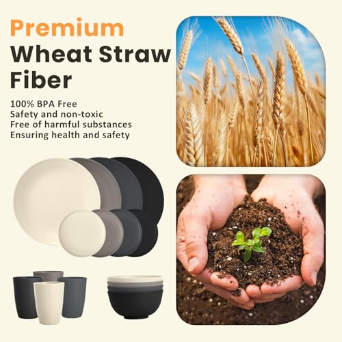 Image of Homienly Wheat Straw Dinnerware Set - Dinner Plates, Cereal Bowls, Drinking Cups Set, Unbreakable 16 PCS Dish Set, Microwave and Dishwasher Safe Dishes for Home, Outdoor - Grey Stone