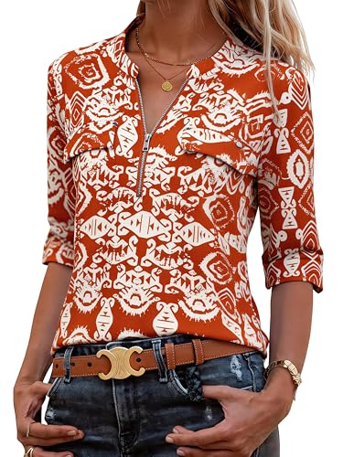 Image of Bulotus Womens 3 /4 Sleeve Tops Plus Size V Neck Zipper Business Casual Blouses for Office & Going Out Soft Knit Tunics, M-3XL