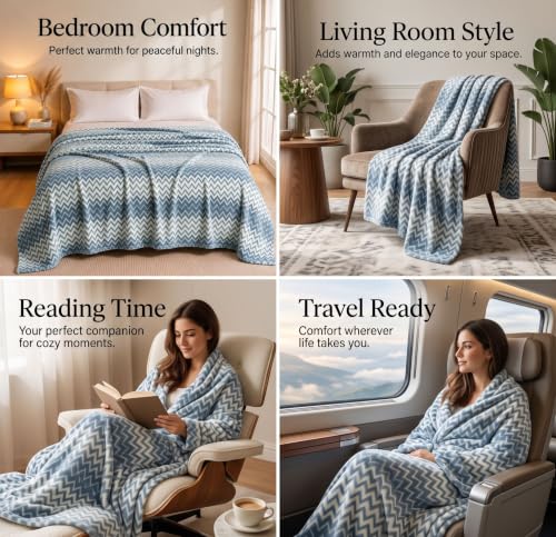 Image of SANMARINO Premium 300 GSM Double Bed Flannel Blanket | Ultra Soft Zig Zag Plush Blanket | All Season Lightweight & Cozy | AC Blanket for Bed, Sofa, Couch, Travel & Camping | 220x230 cm,Cream & Grey