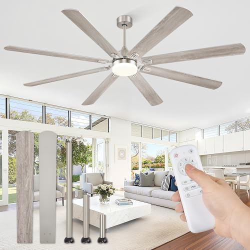 ZMISHIBO Ventilador de Techo Moderno 200 cm con Luz LED 24W, Motor DC Silencioso, 6 Velocidades, Mando a Distancia, Reversible, 8 Aspas Bicolor, Nickel Cepillado, Incluye 3 Varillas de Extensión