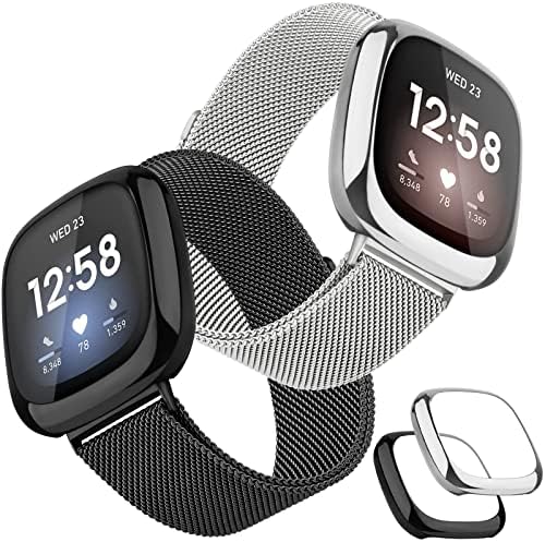 Tobfit [2 Pack] Metal Bands Compatible with Fitbit Versa 3 / Fitbit Sense, with [2 x TPU Screen Protector Case] Stainless Steel Adjustable Magnetic Wristbands (Black & Silver, Large)