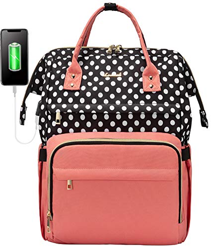 New Deal Laptop Backpack Women Teacher Backpack Nurse Bags, 15.6 Inch Womens Work Backpack Purse Waterproof Anti-theft Travel Back Pack with USB Charging Port (Pink-Polka)
