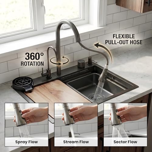 Image of Gloxy Premium Stainless Steel 304 Kitchen Sink With Pull Down Faucet 24x18X9 Inches- Smart Waterfall Sink with Anti-Scratch Honeycomb Design - Black Matte Finish Multifunctional Sink With Cup Washer