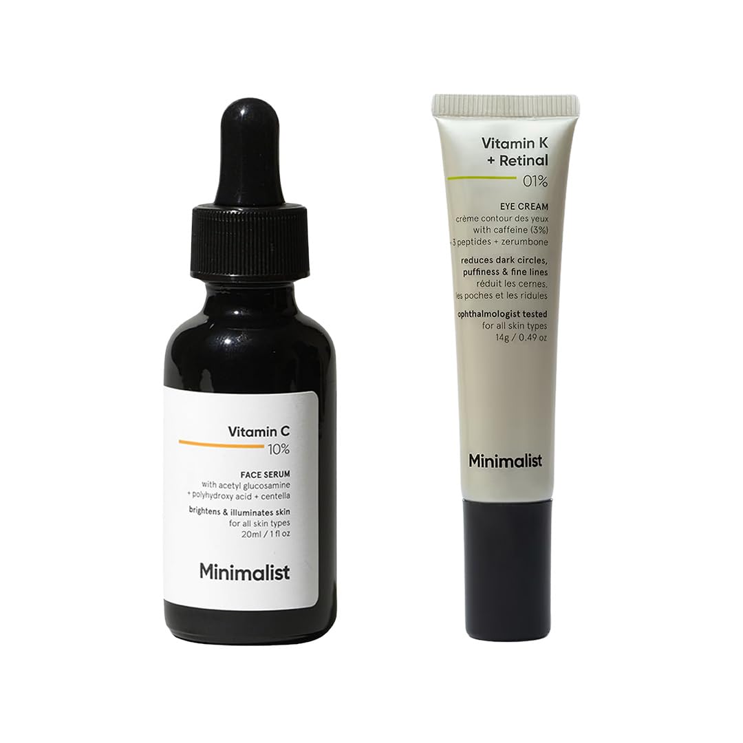 Minimalist Brightening & Eye Care Duo: Vitamin C serum + Retinal under eye cream for radiant skin and refreshed-looking eyes.