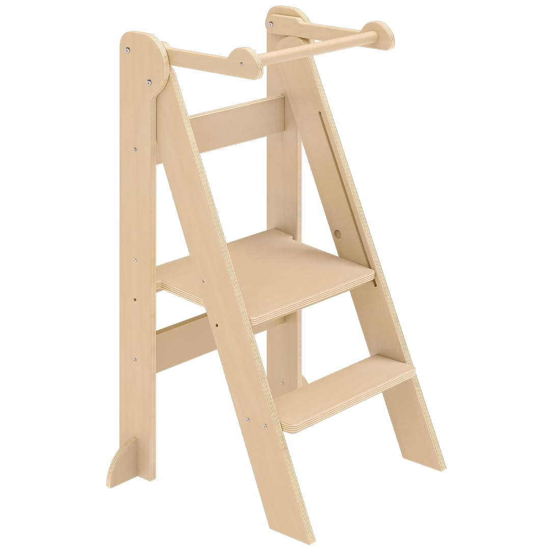Bellabino Tay Lernturm ab 1 Jahr – Learning Tower 2-Fach höhenverstellbar & klappbar – Lernstuhl in Natur für Kinder – Montessori Stehturm aus Birkenholz – sicherer Tritthocker mit Kippschutz