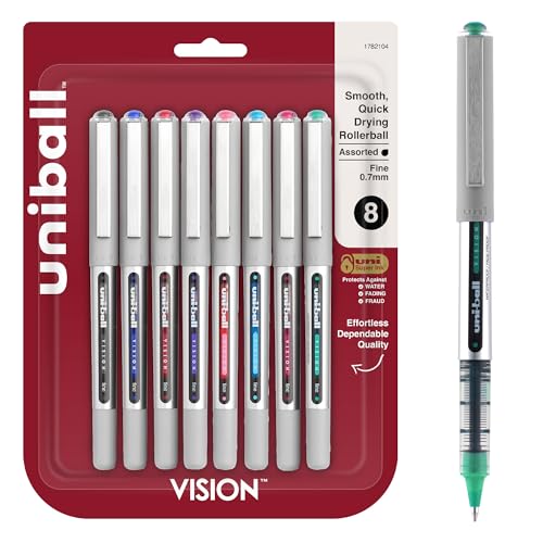 Image of uniball Vision Rollerball Pens, Fine Point (0.7mm), Assorted Colors, 8 Pack