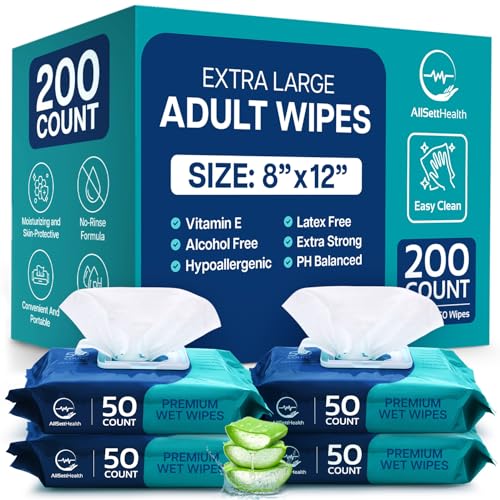 Body Wipes for Adults Bathing No Rinse - Adult Wipes for Elderly 8' x 12' (200 count) Shower No Rinse, Incontinence Disposable Washcloths, Aloe Vera, Vitamin E + 4 individual Packs