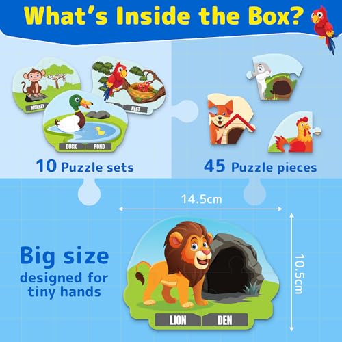 Image of Kids Puzzleup Learn Animal Homes,10-In-1 Entry Level Puzzle,45 Big Size Jigsaw Pieces,Montessori Educational Toy To Improve Memory & Unlock New Words,Gift For Boys & Girls Age 3,4 & 5 Yrs