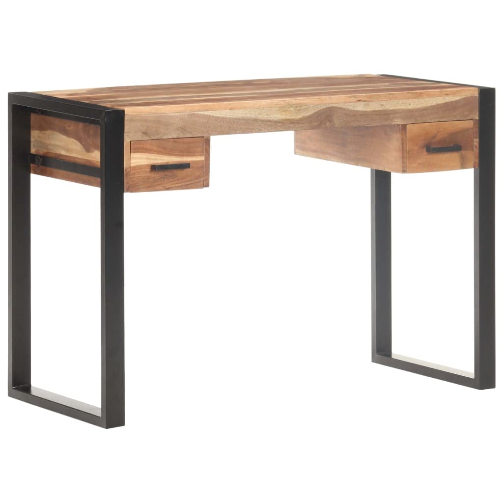 Vintage Schreibtisch 110x50x76 cm aus massivem Akazienholz und Gummibaumholz mit Zwei Schubladen, Stahlgestell für Stabilität, vielseitig als Computertisch oder Bürotisch nutzbar
