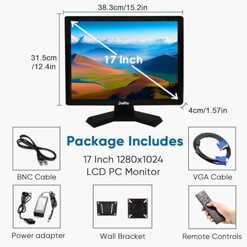 Image of JaiHo 17-Inch 4:3 Security Monitor, 1280x1024 No Image Stretching CCTV Screen with Metal Housing, BNC HDMI VGA AV USB Input, Industrial Display with Built-in Speakers Remote Control & VESA Mount