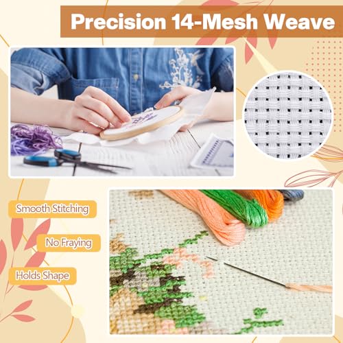 Image of Zeyune Needlepoint Canvas 20 x 24 Inches 14 Mesh Blank White Canvas with 36 Colors Cotton Threads and 5 Needles for Embroidery, Knit Crochet Projects