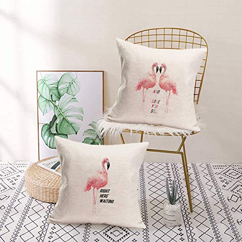 Doitely Watercolor Flamingo Pillow Covers Tropical Animals Pink Flamingo Series Cotton Linen Summer Home Decorative Throw Pillow Case Sweet Words Cushion Cover For Sofa Couch (Flamingo, 20" X 20") #TOP3