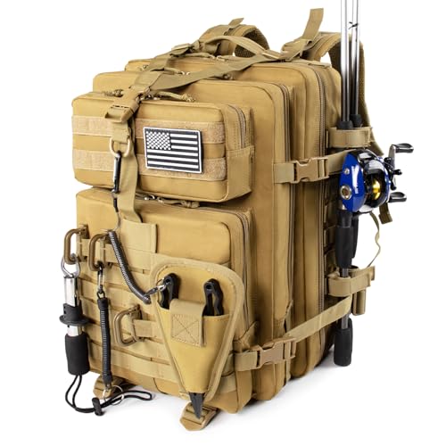 Mochila grande de equipamento de pesca de 45 l com suporte removível para alicate e suportes de vara, bolsa tática cáqui, organizador de equipamentos de pesca e caixa de equipamentos, mochila de