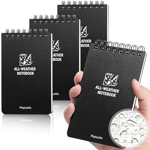 POPYOLA 4 Pack Waterproof Notebook, 3" x 5" Top-Spiral Pocket Notepad with 100 Squared Pages, Weatherproof Pocket Notebook for Police Outdoor Office School Recording