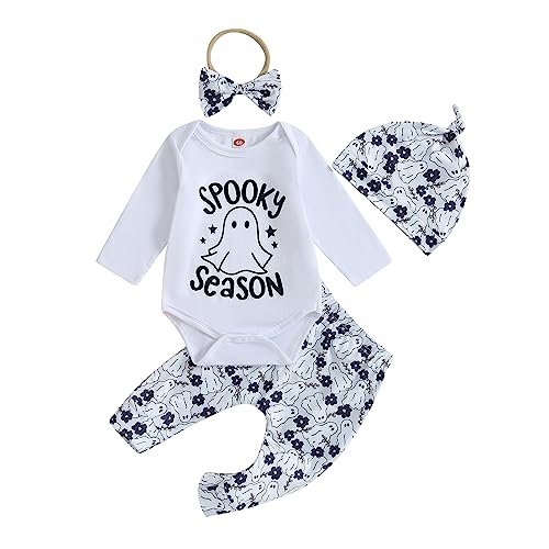 Image of Baby Girl Halloween Outfit Spooky Season Long Sleeve Romper Tops Floral Pants Newborn Halloween Clothes 4PCS (White, 0-3 Months)