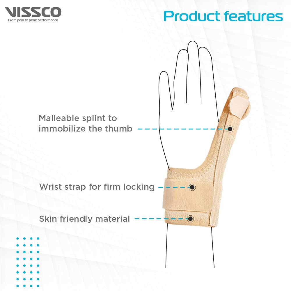 Vissco Thumb Brace Thumb Support for Both Left/Right -Locks the Thumb Free Hand Movement, Thumb Injuries, Pain Solution for Ligament laxity - Universal (Beige) 1
