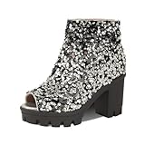 UFEDO Fashion Womens Peep Toe Sparkle Ankle Boots Platform Heel Glitter Booties Back Zipper Chunky Heel Sandals Booties Over Size Evening Party Boots Silver Size 41