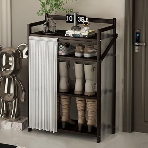 シューズラック 折りたたみ 長靴 省スペース 靴棚 靴箱 下駄箱 靴収納 防塵カーテン付き 天然竹製 大容量 靴置き 玄関 廊下 クローゼット アパート用 下駄箱 靴入れ 組立簡単 安定性 収納便利ブラック 4段(23.5x50x90cm)