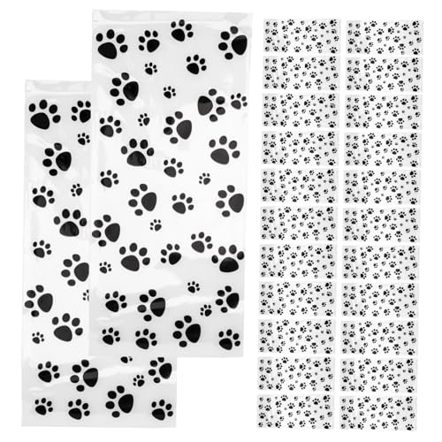 HOODANCOS 200個カートゥーン犬の足跡プリント 透明セルロファン袋 ツイスト付き 再封可能 お菓子包装袋 クッキーやベーカリー用 向け