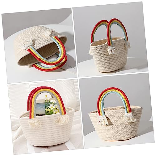 Handwoven Cotton Rope Bag Bohemian Style Woven Tote Women Handbag Rainbow Handle Beach Bag Summer Accessory3