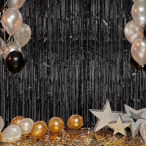 Image of DECOCKRAT 3 Pack Foil Fringe Backdrop - Black Shiny Tinsel Curtains for Party Decoration /Photo Booth Props - 3.3x8.2 FT Metallic Foil Backdrop for Birthday, Wedding, Graduation, Christmas.