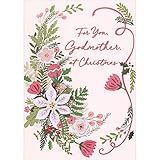 Designer Greetings Sparkling Flowers and Green Florals on Light Rose Background Christmas Card for Godmother