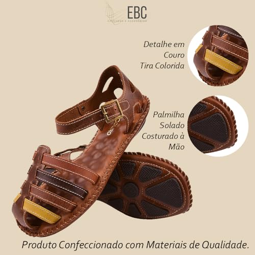 Sandália Couro Legitimo Feminino Artesanal Fechada Tiras Colorida Solado Costurado Manual SC33.01 (C