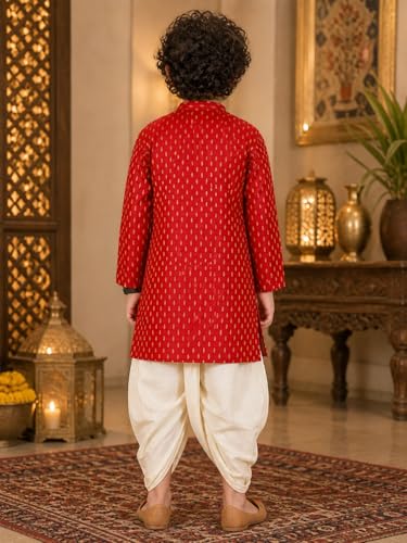 Image of superminis Boy's Cotton Kurta with Dhoti - Golden Thread Work, Solid Round Collar, Full Sleeves, Side Button Kurta Set for Ethnic Wear