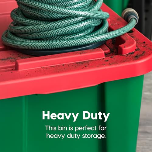Image of IRIS USA 4-Pack 12 Gallon Storage Bins with Lids |Made in USA| Heavy Duty Plastic Tote Containers for Seasonal Organization, Large - Green /Red