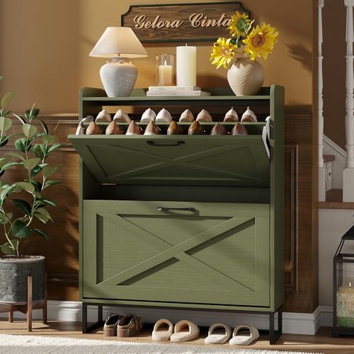 Image of Maupvit Shoe Storage Cabinet with 2 Flip Drawers, Freestanding Shoe Organizer with Metal Legs for Entryway, Narrow Shoe Rack Cabinet, Green