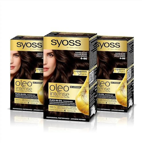 Syoss Oleo Intense - Tinte 4-86 Castaño Helado – Coloración permanente Sin Amoníaco – Cobertura profesional de canas – Resultados de peluquería (Pack De 3)
