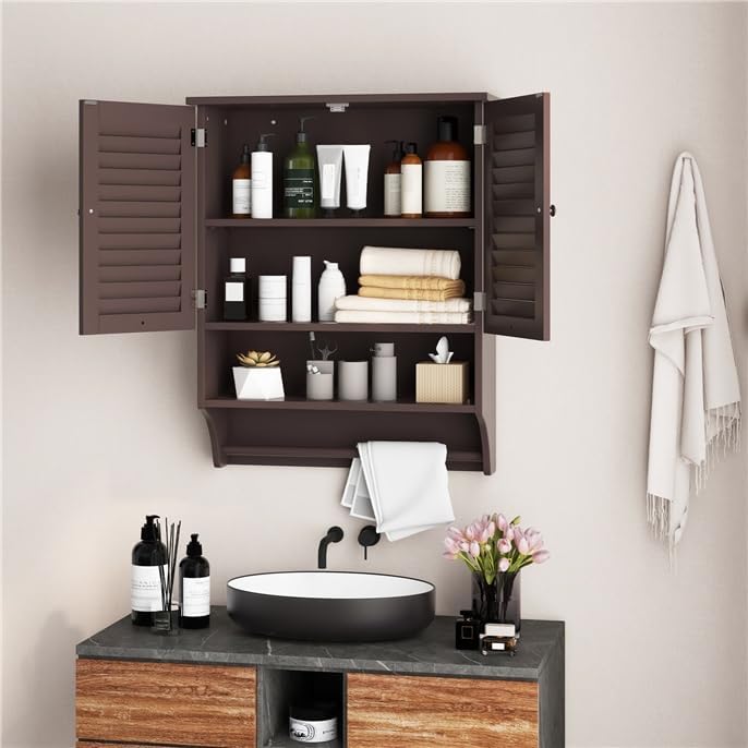 MAT EXPERT Bathroom Wall Cabinet, Hanging Storage Cabinet w/Louvered Doors, Adjustable Shelf & Towel Bar, Over The Toilet Cabinet, Space-Saver Medicine Cabinet for Laundry Room Bathroom (Espresso)