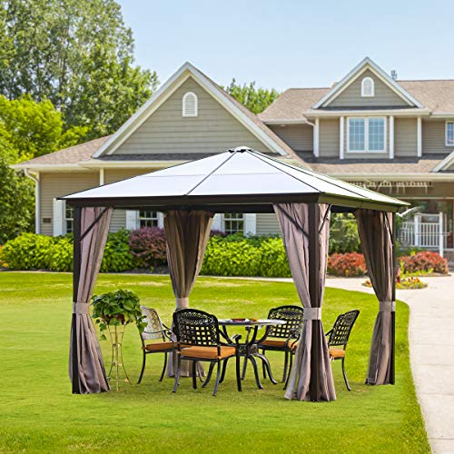Dnyker Hard Top Gazeebo/Outdoor Gazebo Hardtop Rust Proof Aluminum Framed 10x10ft Brown +