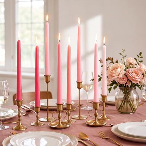 Image of MTLEE 32 Pcs Long Taper Candlestick Bulk 10 Inch Smokeless, Pink | Paraffin Wax Cotton Wick, Colorful Vibrant for Dinner Wedding Party Church, Unscented Table Centerpiece Decor
