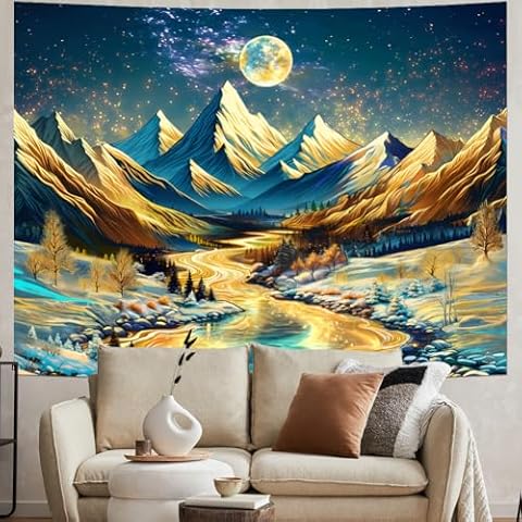 Racunbula Mountain Tapestry Aesthetic Moon Tapestry Trippy Nature Tree Tapestry Starry Sky Tapestry Magic River Wall Tapestry Colorful Tapestry Wall Hanging for Bedroom Cover