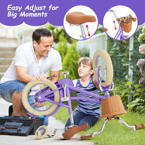 Image of Glaf Girls Bike with Training Wheels Toddler Kids Bike for 2-12 Years Old 12 14 16 18 20 Inch Children Cruiser Bicycle with Adjustable Seat and Handlebar (Purple, 12 Inch with Training Wheels)