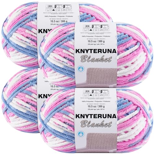 Image of #6 Super Bulky Blanket Yarn for Crocheting - 4 Skeins(Each 10.5oz /300g, 220yds /201m), Chunky Chenille Thick Plush Big Soft Yarn for Crocheting Knitting Blankets, Blue & Pink & White