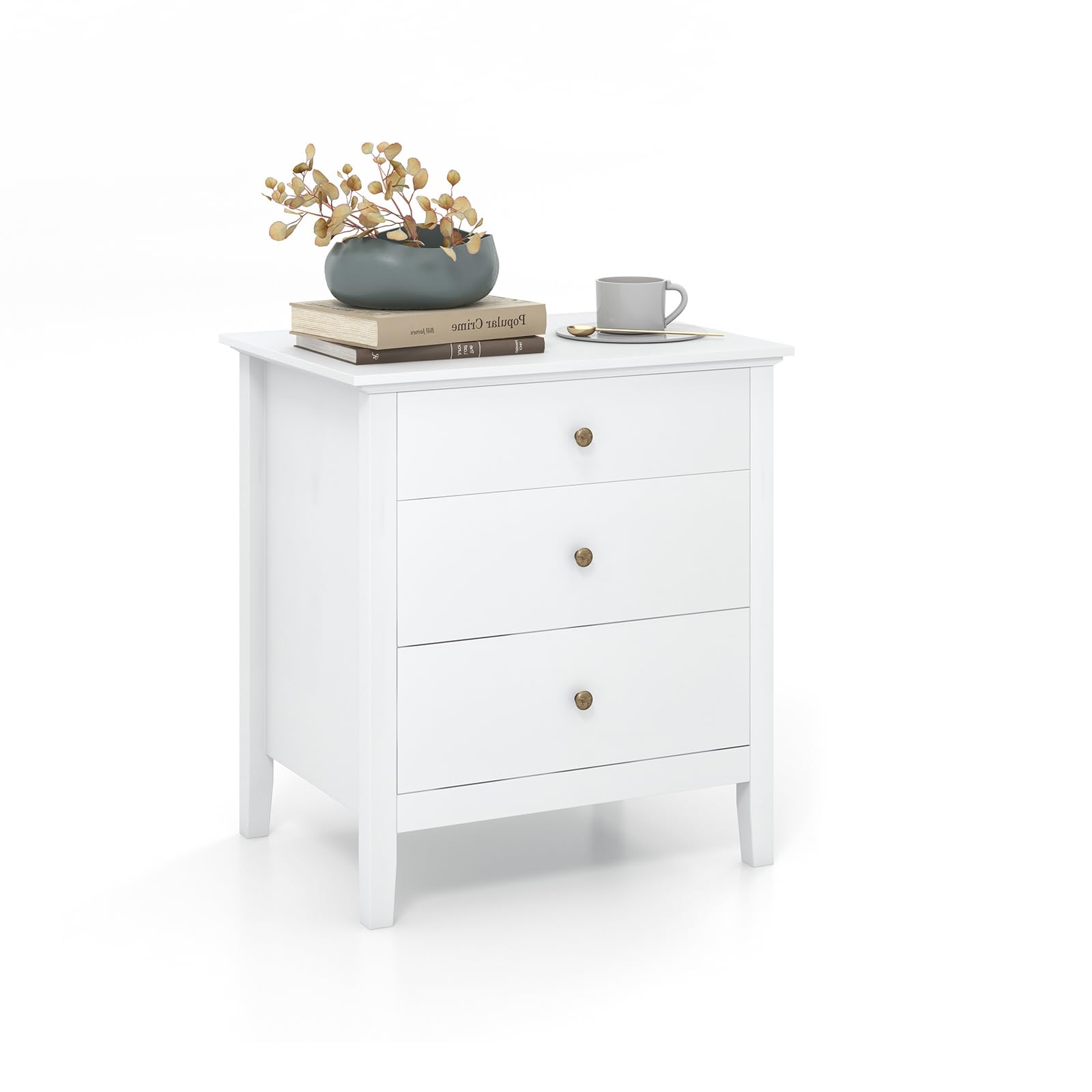 KOMFOTTEU Mesita de Noche con 3 Cajones, Mesilla Auxiliar de Madera, Mueble de Almacenamiento, Cómoda Moderna para Dormitorio, Cajonera para Salón, Oficina, 60 x 45 x 66 cm (Blanco)