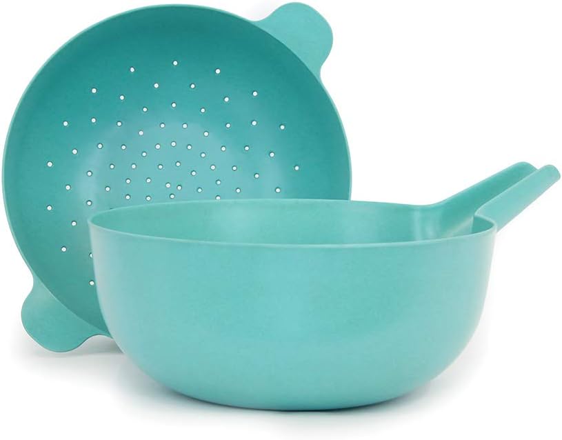 EKOBO Bamboo Large Multi-purpose Bowl & Colander Set, BIOBU Eco-material, Lagoon (Blue)