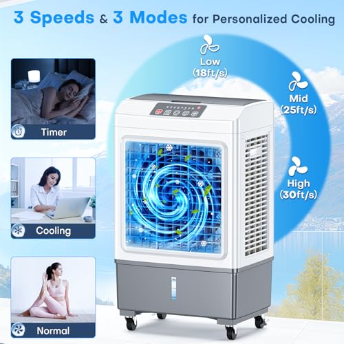 BALKO Refrigerador de ar evaporativo, 2100 CFM, ar condicionado sem janelas, arrefecimento até 700 metros quadrados, climatizador de pântano com 2 modos e 3 velocidades, temporizador 7H e controle