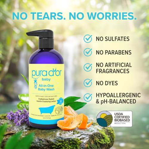 PURA D'OR All-in-One Calming Baby Wash & Shampoo for Sensitive Skin, 16oz | Tear-Free Gentle Cleanser, Hair and Body Care, Aloe Vera Base, Lavender, Hypoallergenic, Sulfate-Free, USDA Biobased - image 6