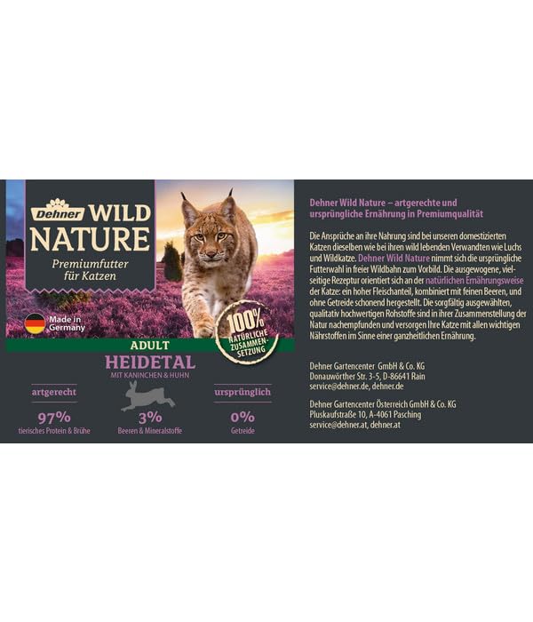 Dehner Wild Nature Katzenfutter Heidetal, Nassfutter getreidefrei / zuckerfrei, für ausgewachsene Katzen, Kaninchen / Huhn, 6 x 400 g Dose (2.4 kg)