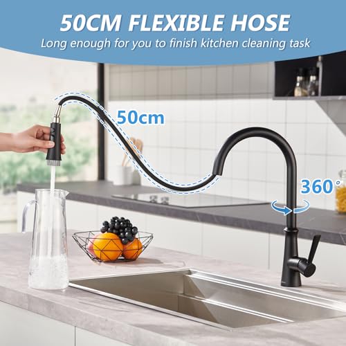 Aktines Küchenarmatur mit 3-Funktion-Brause und Praktischer Bürste ausziehbar, Einhebelmischer Spültischarmatur Spülenarmatur Hochdruck Armatur Wasserhahn Küche Edelstahl Schwarz