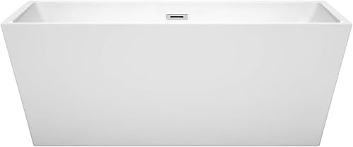 Miniatura 3 de Sara - Bañera independiente de 63 pulgadas, color blanco, con drenaje cromado pulido y ribete de desbordamiento